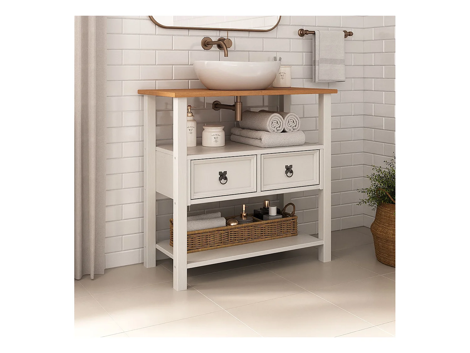 Meuble sous lavabo TEQUILA H 78 cm en bois massif avec 2 tiroirs et 2 étagères Style Mexicain, Meuble sous Vasque Salle de Bain