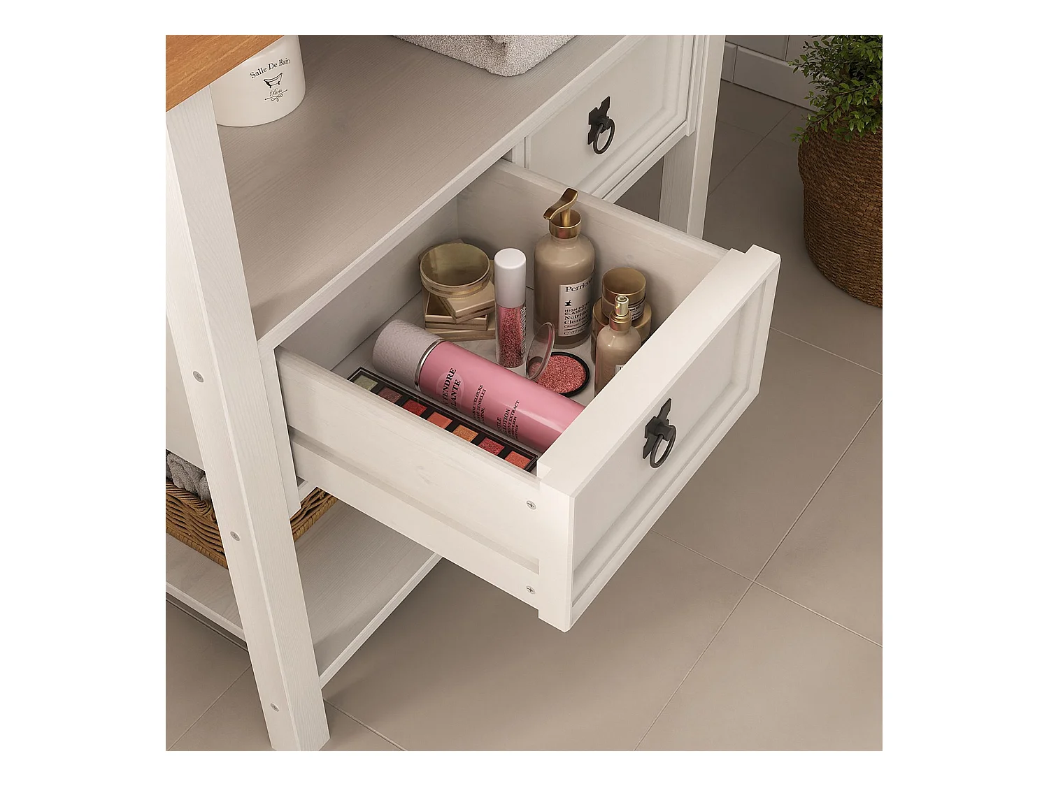 Meuble sous lavabo TEQUILA H 78 cm en bois massif avec 2 tiroirs et 2 étagères Style Mexicain, Meuble sous Vasque Salle de Bain