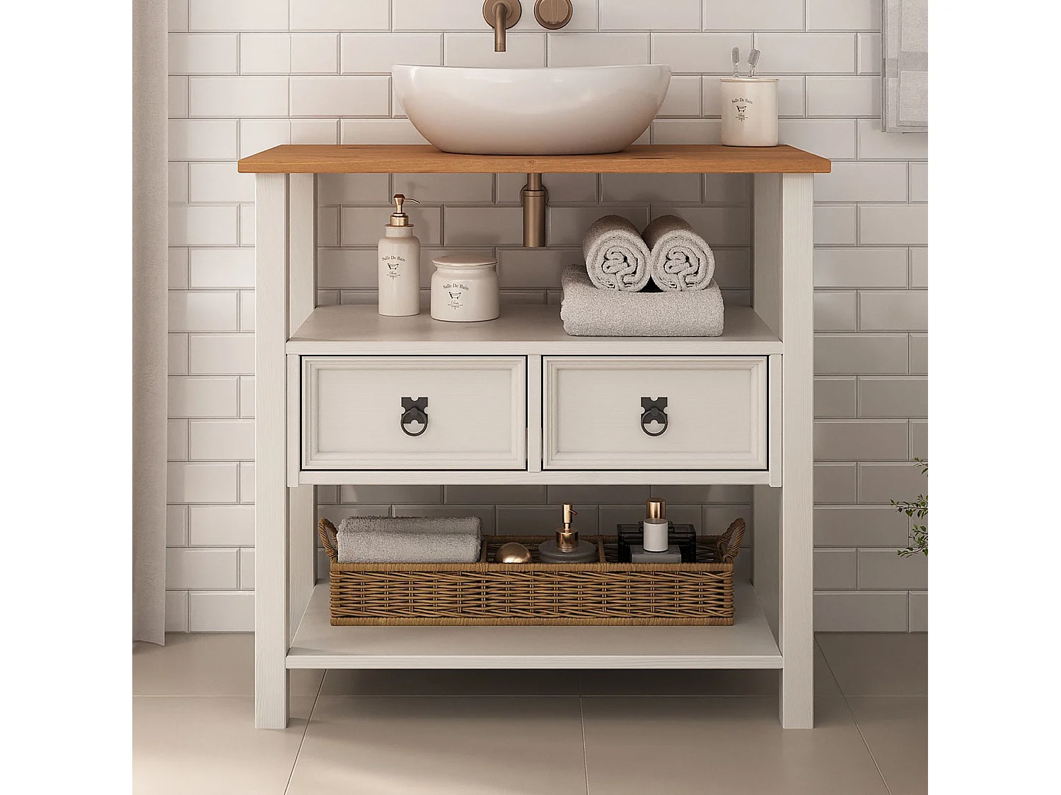 Meuble sous lavabo TEQUILA H 78 cm en bois massif avec 2 tiroirs et 2 étagères Style Mexicain, Meuble sous Vasque Salle de Bain