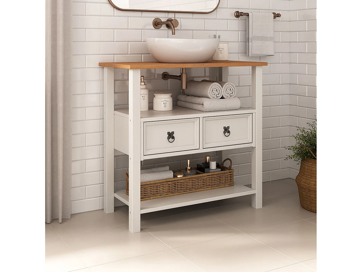 Meuble sous lavabo TEQUILA H 78 cm en bois massif avec 2 tiroirs et 2 étagères Style Mexicain, Meuble sous Vasque Salle de Bain