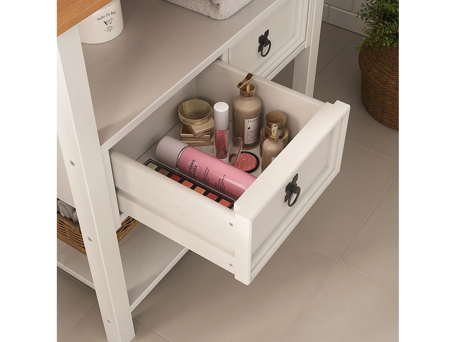 Meuble sous lavabo TEQUILA H 78 cm en bois massif avec 2 tiroirs et 2 étagères Style Mexicain, Meuble sous Vasque Salle de Bain