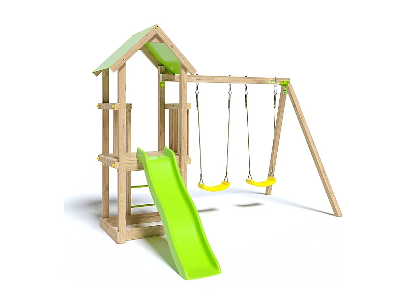 Aire de jeux en bois avec balançoires, toboggan et bac à sable pour 6 enfants