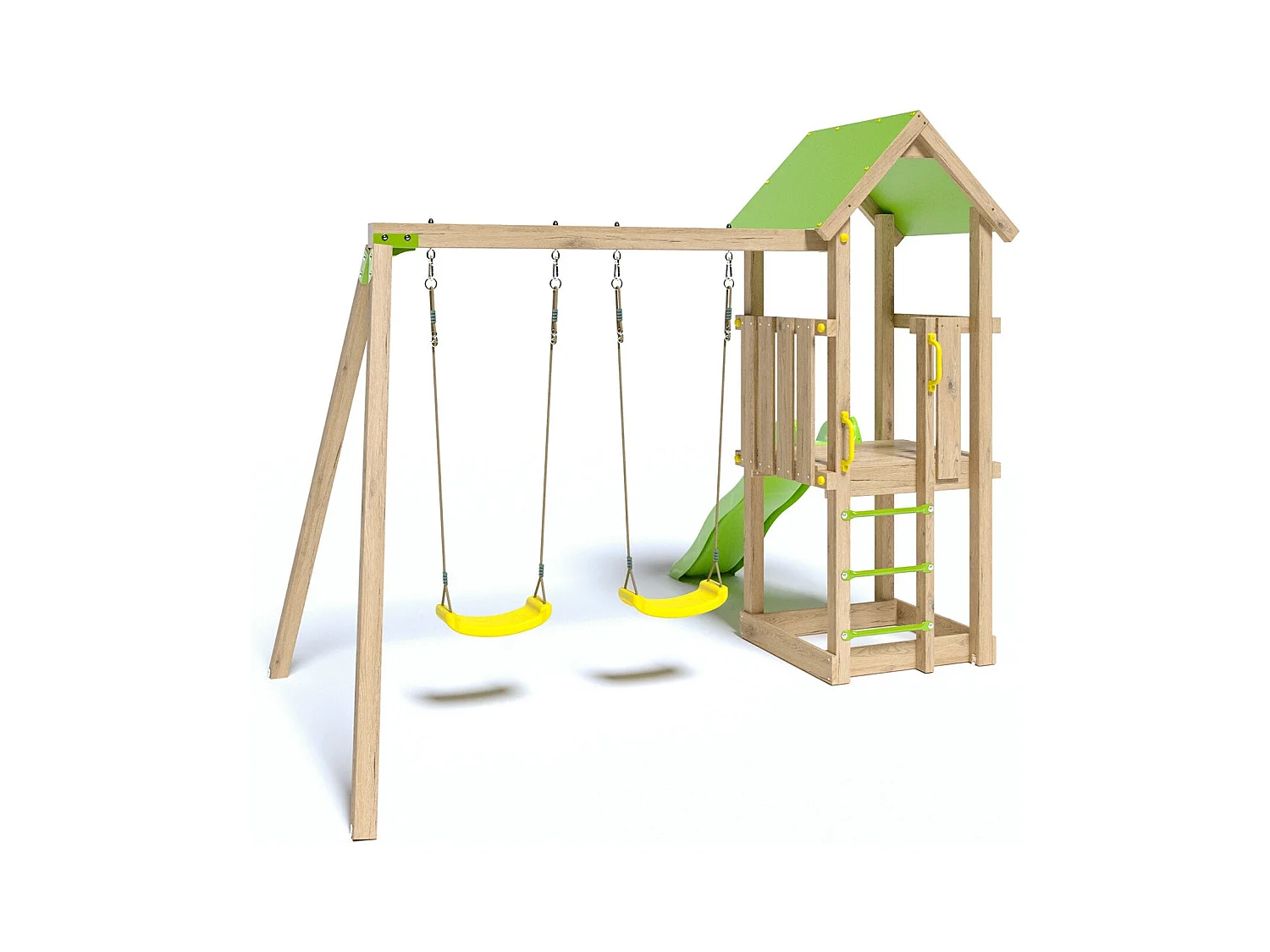 Aire de jeux en bois avec balançoires, toboggan et bac à sable pour 6 enfants