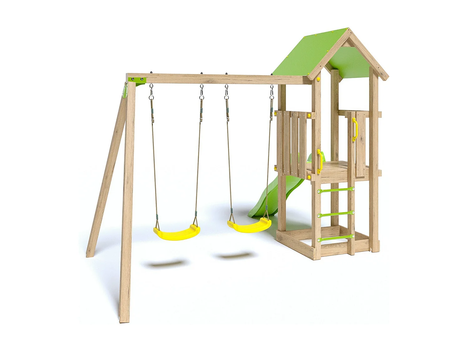 Aire de jeux en bois avec balançoires, toboggan et bac à sable pour 6 enfants