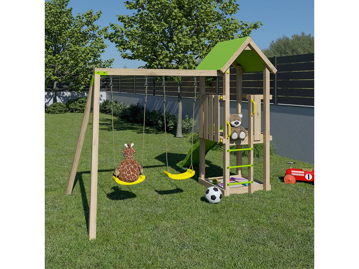 Aire de jeux en bois avec balançoires, toboggan et bac à sable pour 6 enfants