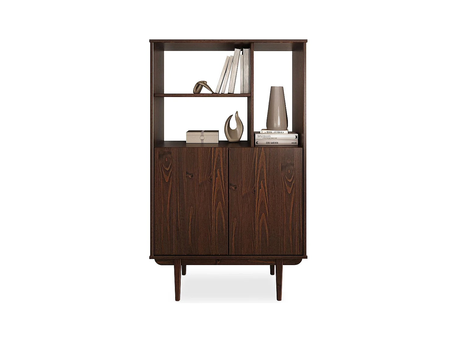 Buffet haut SIMONA 80x133 cm en Bois massif coloris noyer avec 2 Portes et Étagères, Vaisselier en hauteur