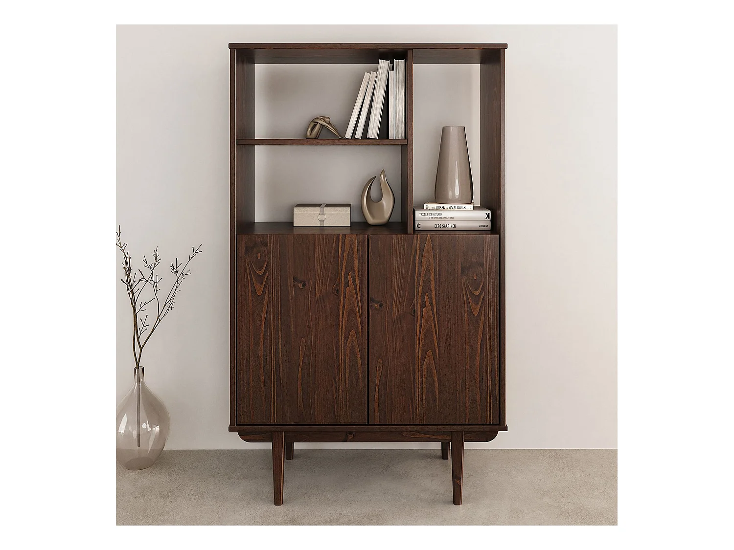 Buffet haut SIMONA 80x133 cm en Bois massif coloris noyer avec 2 Portes et Étagères, Vaisselier en hauteur