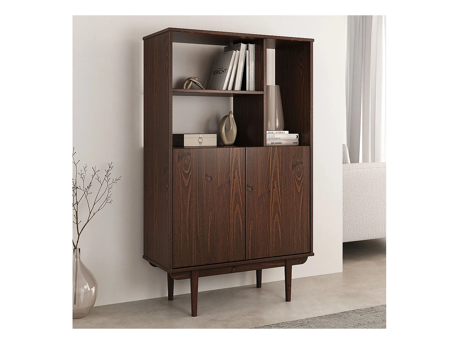 Buffet haut SIMONA 80x133 cm en Bois massif coloris noyer avec 2 Portes et Étagères, Vaisselier en hauteur