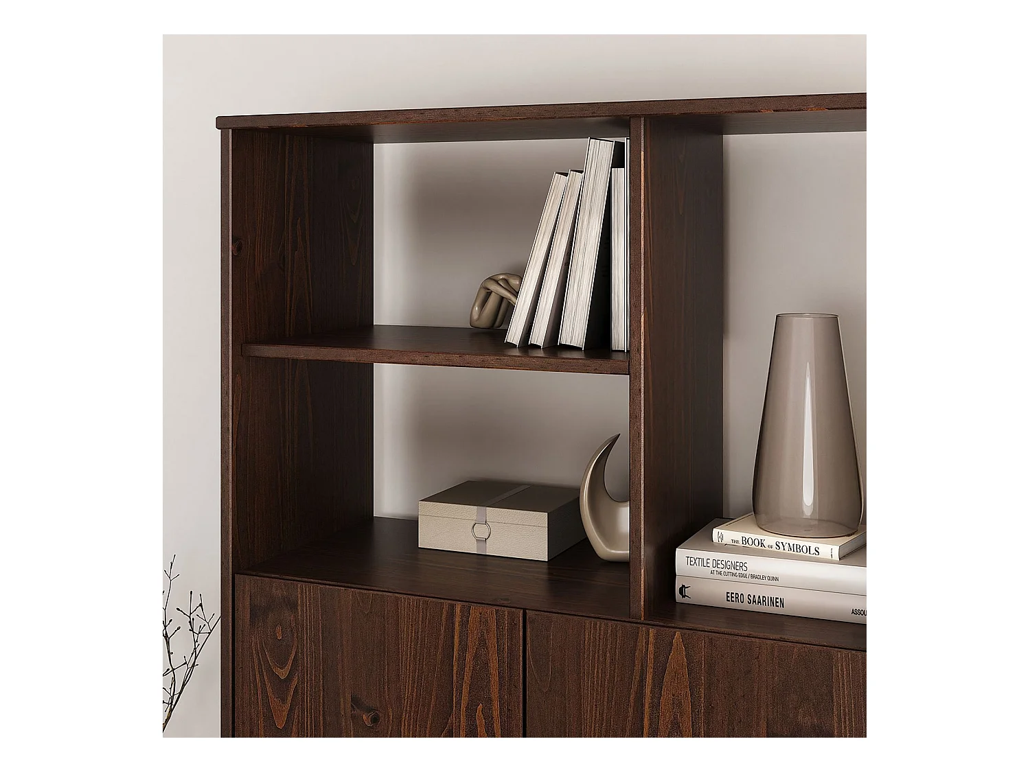 Buffet haut SIMONA 80x133 cm en Bois massif coloris noyer avec 2 Portes et Étagères, Vaisselier en hauteur