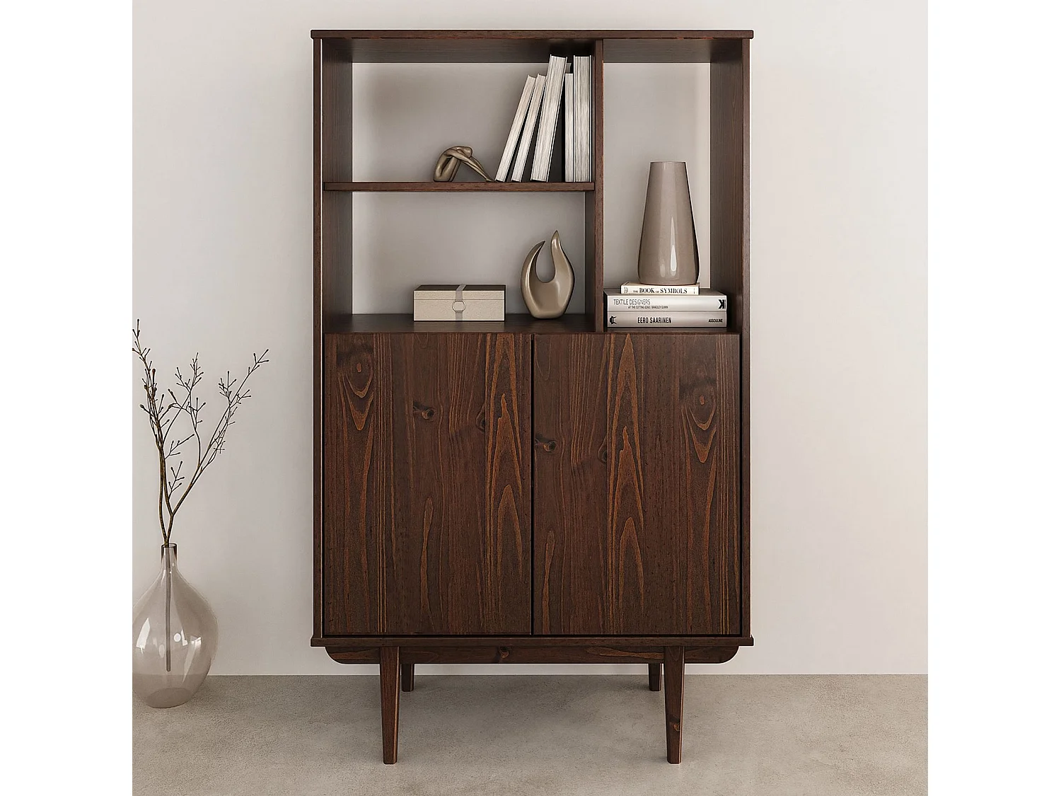 Buffet haut SIMONA 80x133 cm en Bois massif coloris noyer avec 2 Portes et Étagères, Vaisselier en hauteur