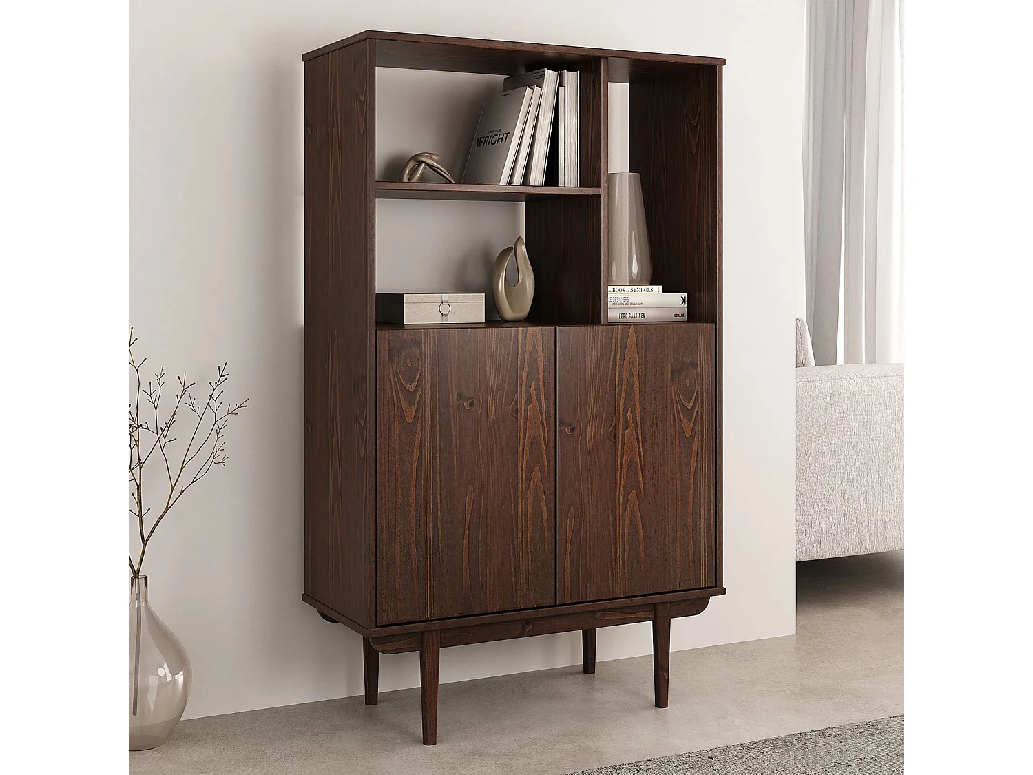 Buffet haut SIMONA 80x133 cm en Bois massif coloris noyer avec 2 Portes et Étagères, Vaisselier en hauteur