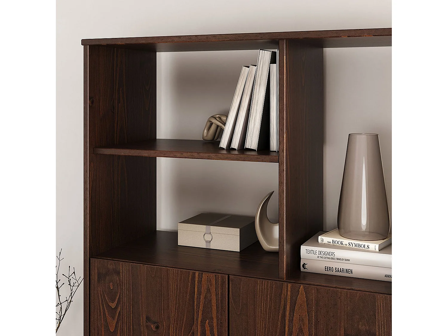 Buffet haut SIMONA 80x133 cm en Bois massif coloris noyer avec 2 Portes et Étagères, Vaisselier en hauteur