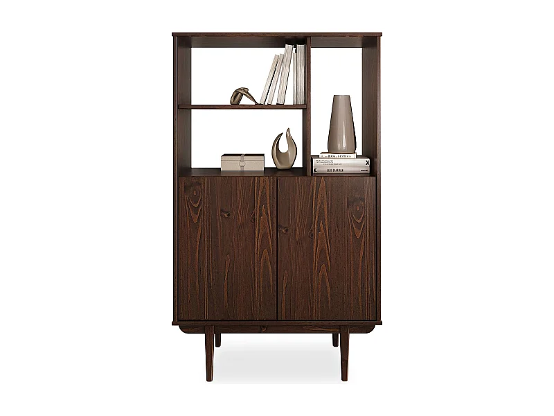 Buffet haut SIMONA 80x133 cm en Bois massif coloris noyer avec 2 Portes et Étagères, Vaisselier en hauteur