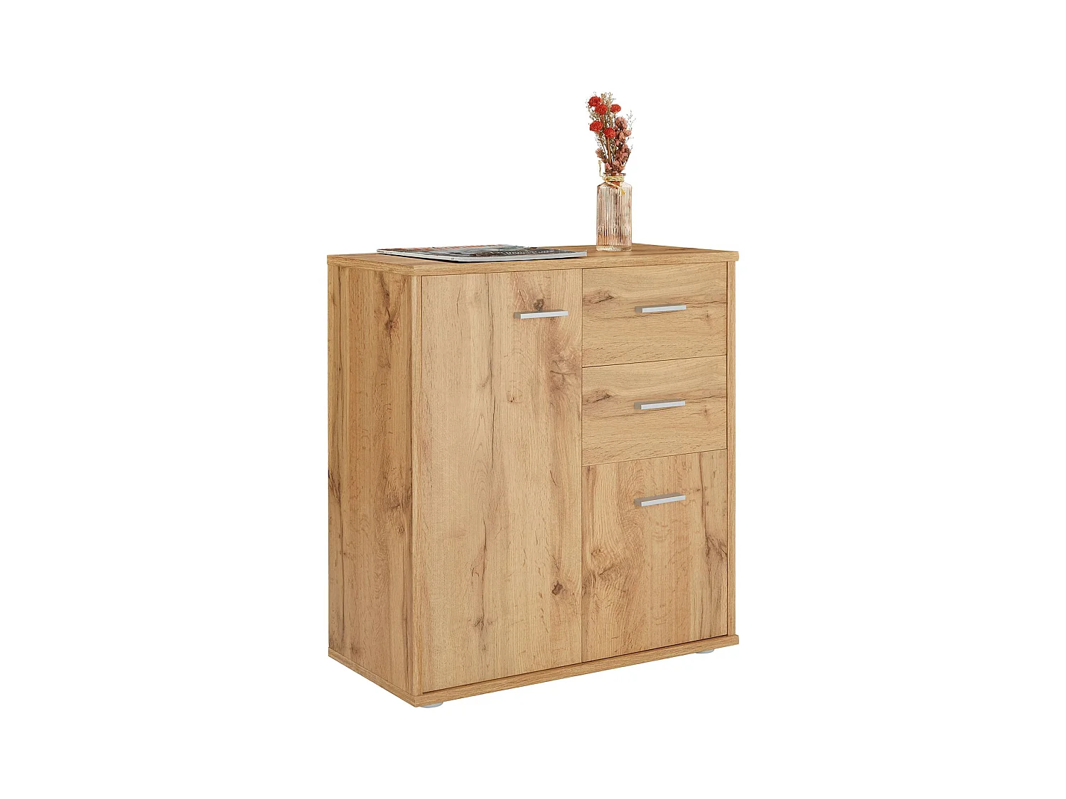 Buffet salle à manger REMY L 60 cm coloris chêne wotan avec 2 portes et 2 tiroirs bahut bas meuble de rangement style moderne