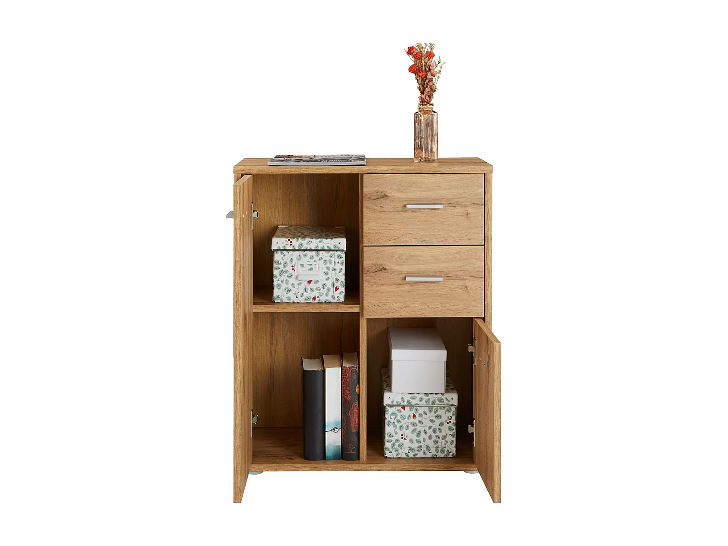 Buffet salle à manger REMY L 60 cm coloris chêne wotan avec 2 portes et 2 tiroirs bahut bas meuble de rangement style moderne