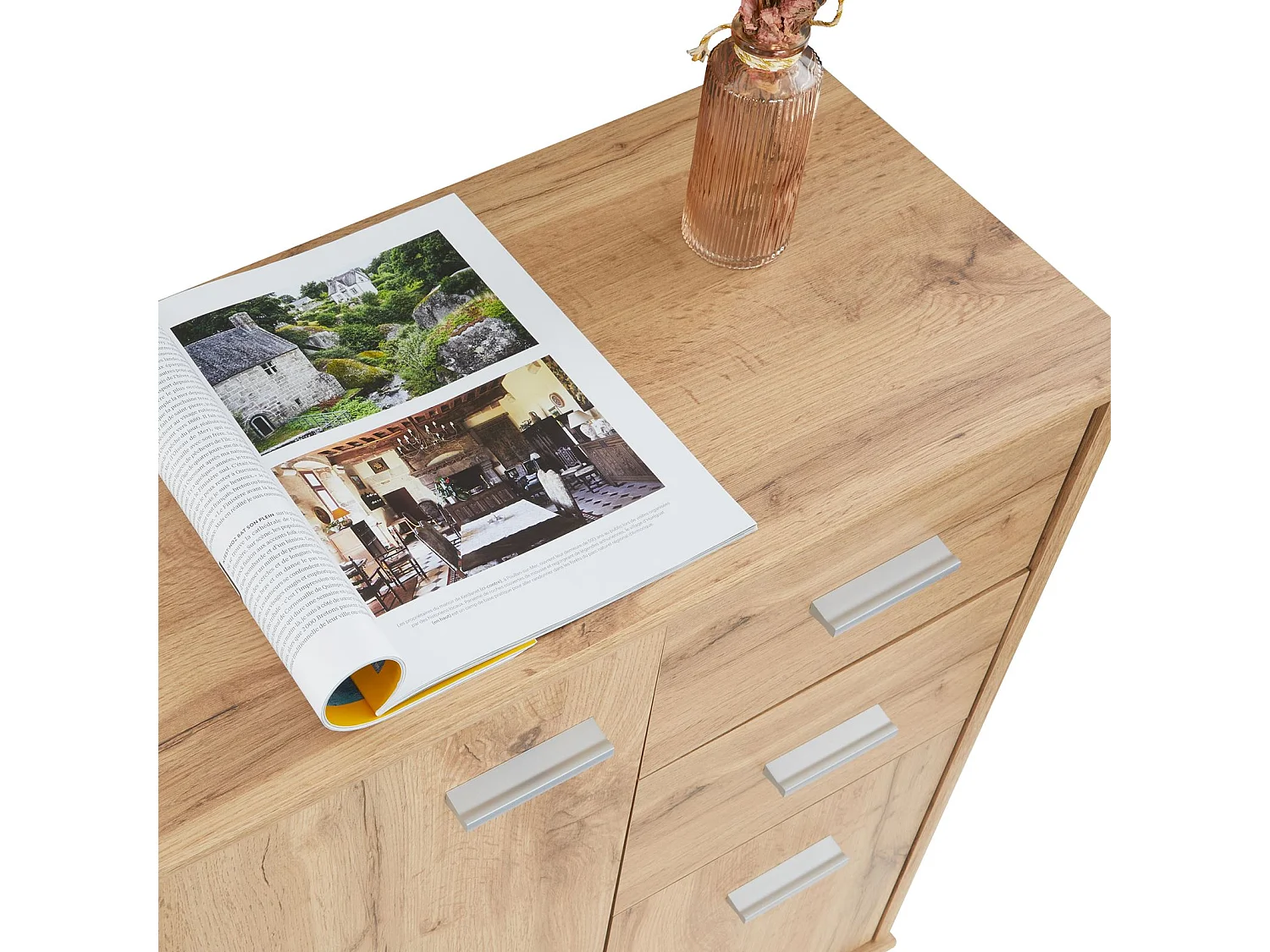 Buffet salle à manger REMY L 60 cm coloris chêne wotan avec 2 portes et 2 tiroirs bahut bas meuble de rangement style moderne