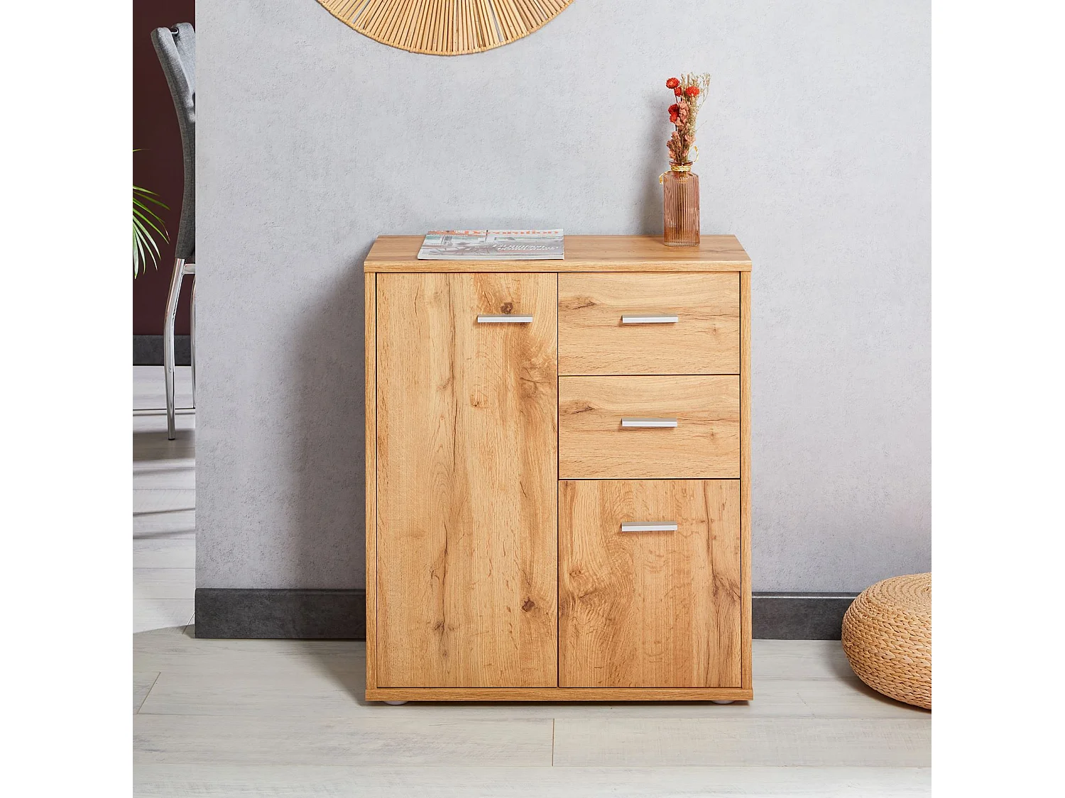 Buffet salle à manger REMY L 60 cm coloris chêne wotan avec 2 portes et 2 tiroirs bahut bas meuble de rangement style moderne