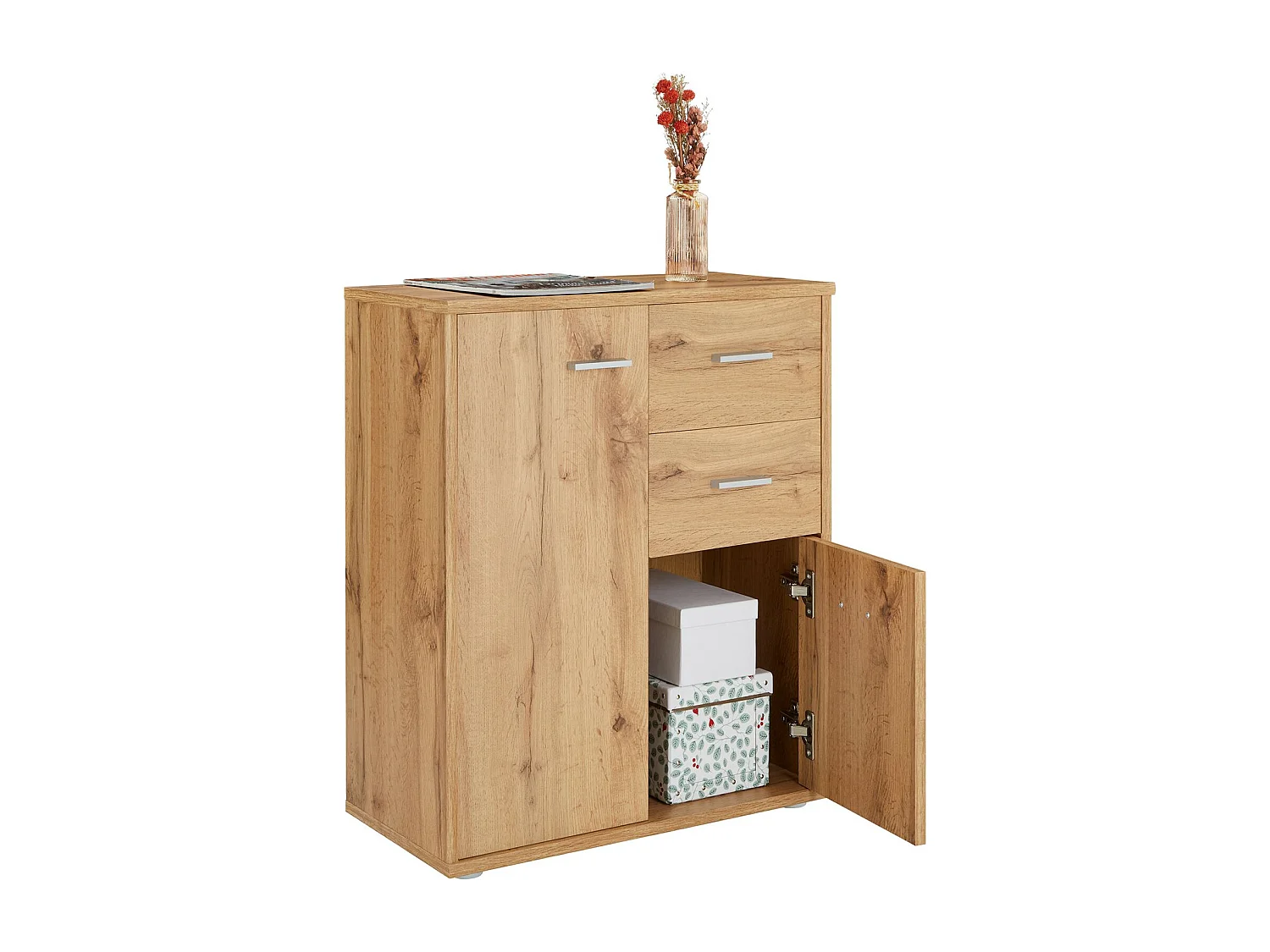 Buffet salle à manger REMY L 60 cm coloris chêne wotan avec 2 portes et 2 tiroirs bahut bas meuble de rangement style moderne