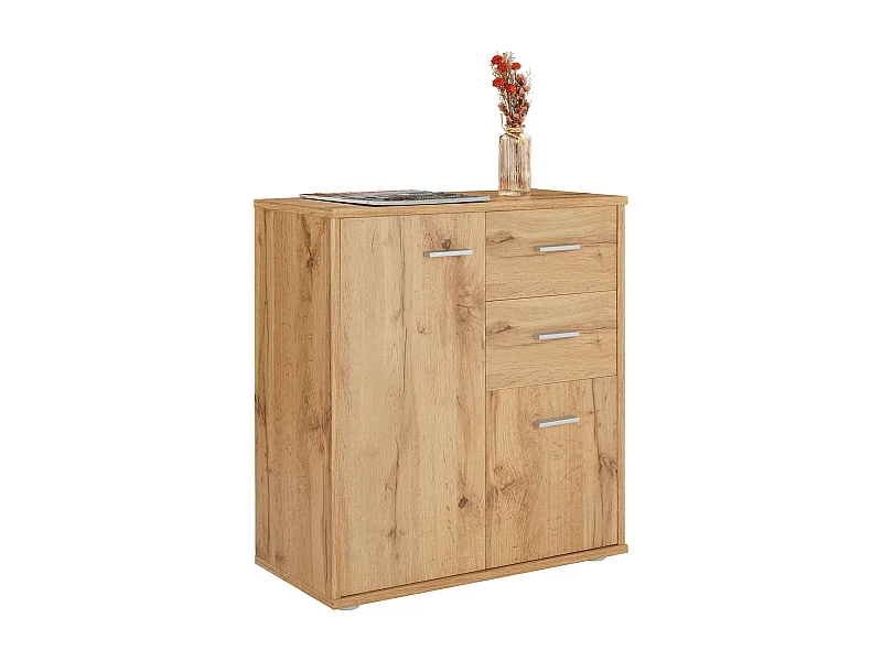 Buffet salle à manger REMY L 60 cm coloris chêne wotan avec 2 portes et 2 tiroirs bahut bas meuble de rangement style moderne