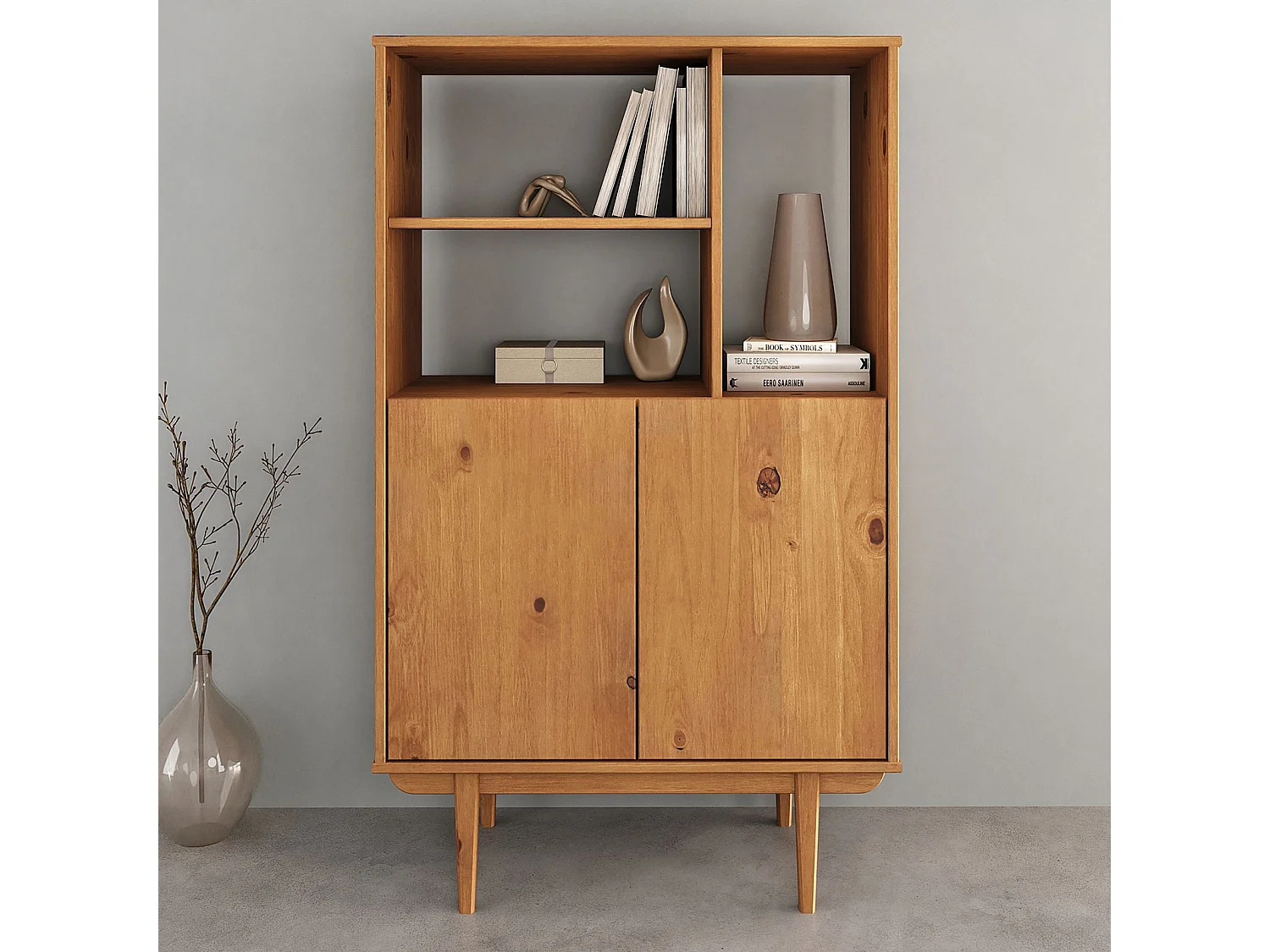 Buffet haut SIMONA 80x133 cm en Bois massif coloris chêne avec 2 Portes et Étagères, Vaisselier en hauteur