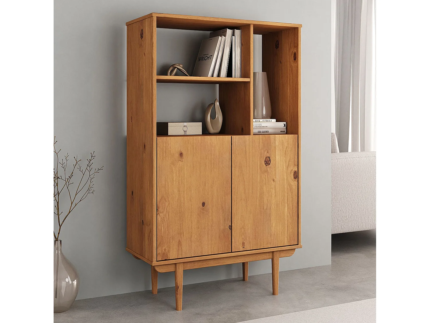 Buffet haut SIMONA 80x133 cm en Bois massif coloris chêne avec 2 Portes et Étagères, Vaisselier en hauteur