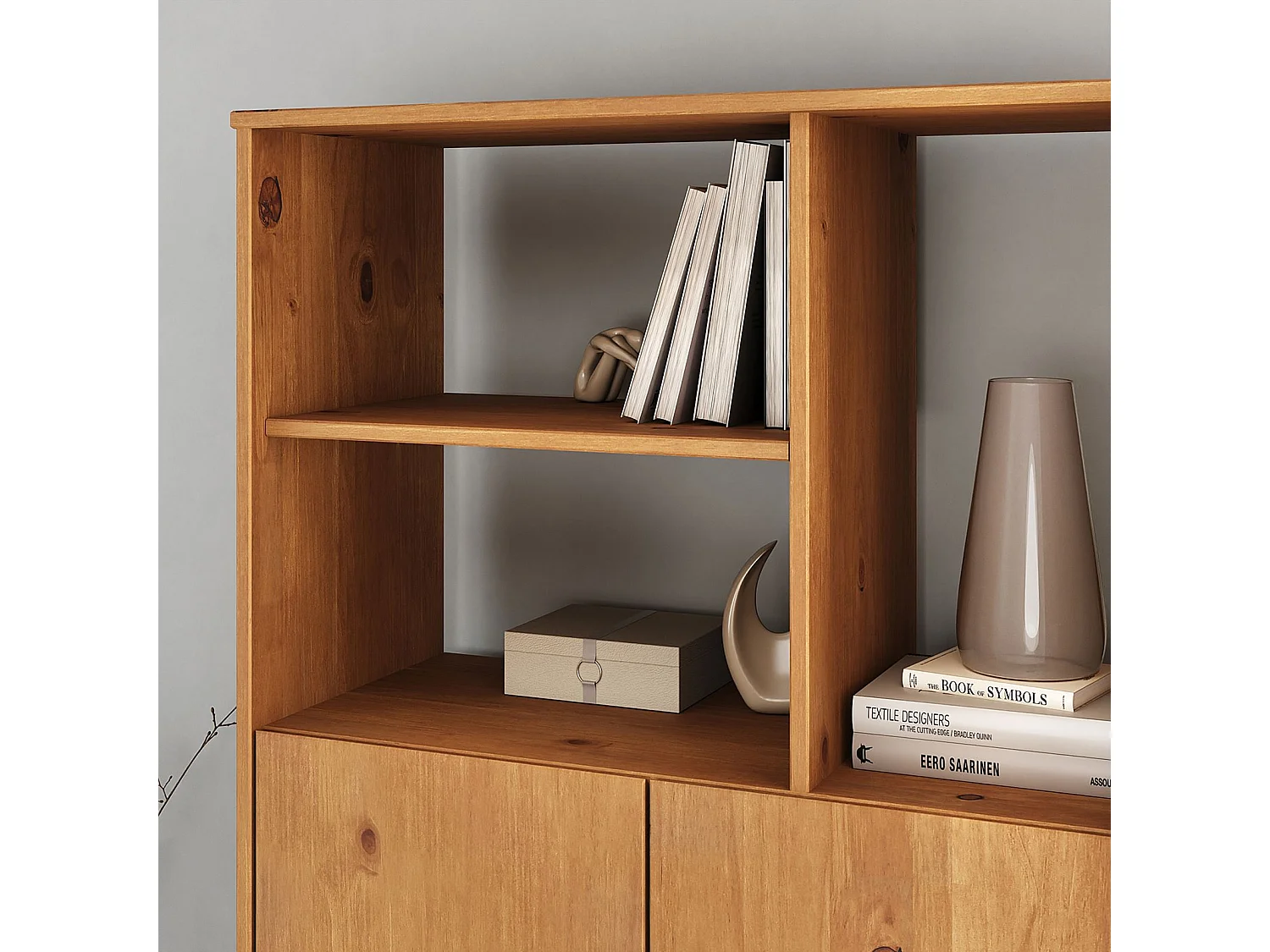 Buffet haut SIMONA 80x133 cm en Bois massif coloris chêne avec 2 Portes et Étagères, Vaisselier en hauteur