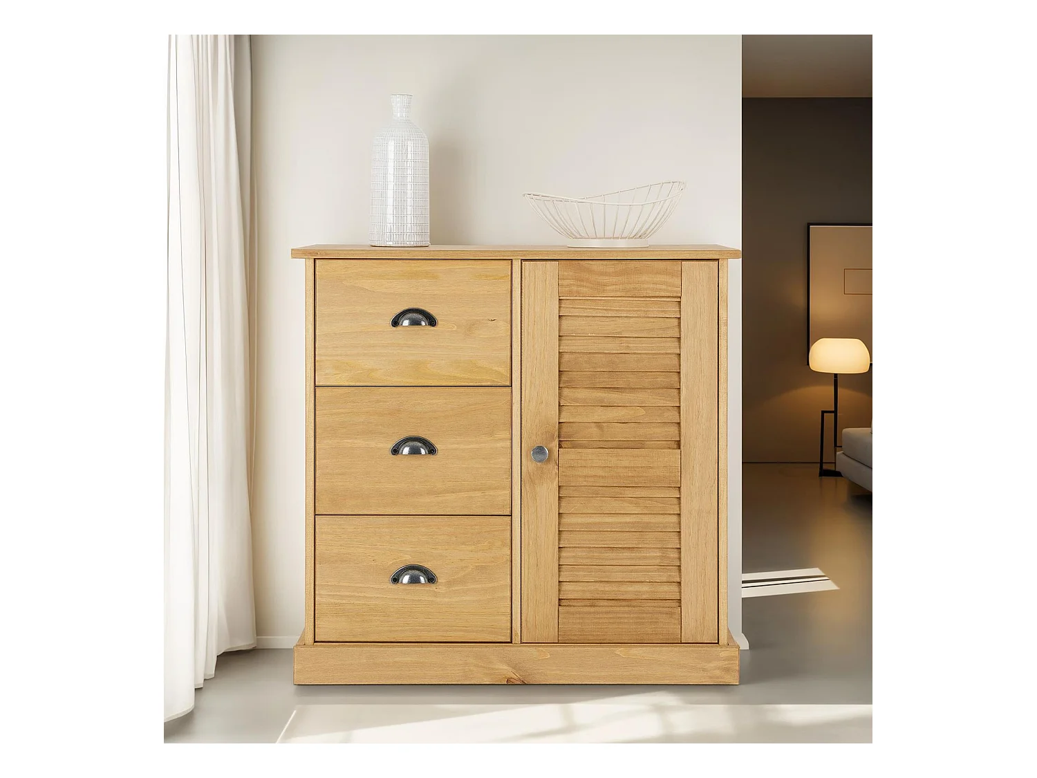 Buffet VENETA L 78 cm en bois massif coloris naturel avec 3 tiroirs et 1 porte, design élégant et intemporel