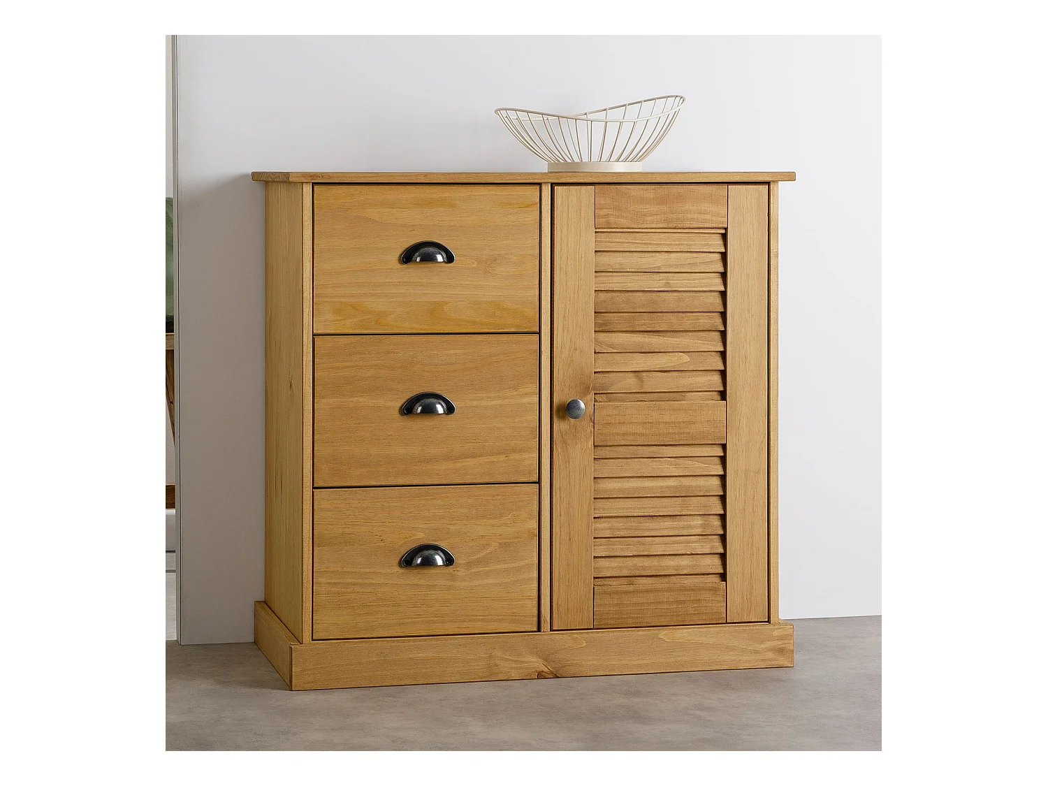 Buffet VENETA L 78 cm en bois massif coloris naturel avec 3 tiroirs et 1 porte, design élégant et intemporel