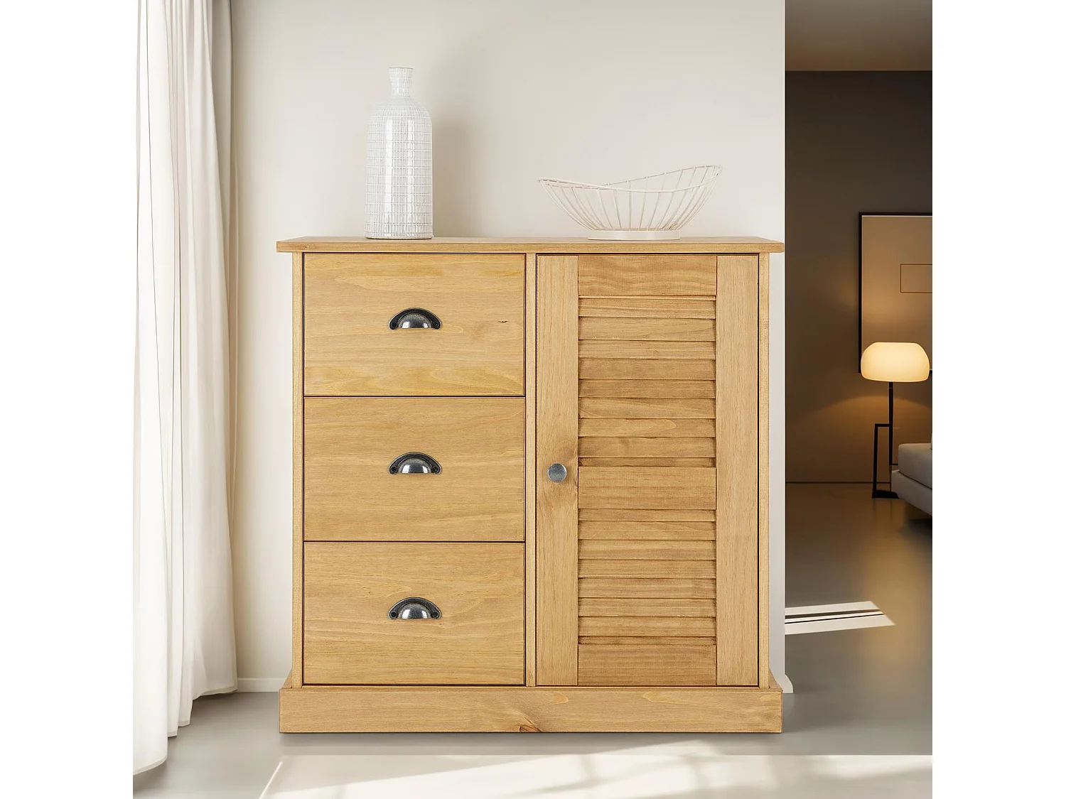 Buffet VENETA L 78 cm en bois massif coloris naturel avec 3 tiroirs et 1 porte, design élégant et intemporel