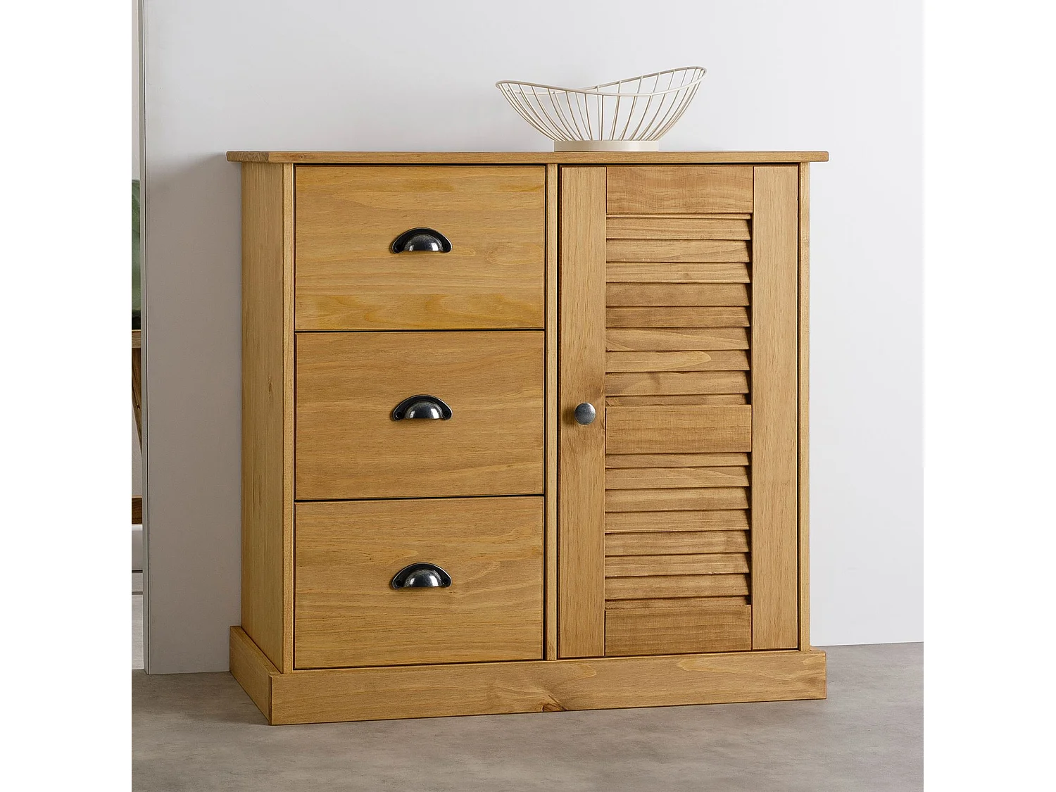Buffet VENETA L 78 cm en bois massif coloris naturel avec 3 tiroirs et 1 porte, design élégant et intemporel
