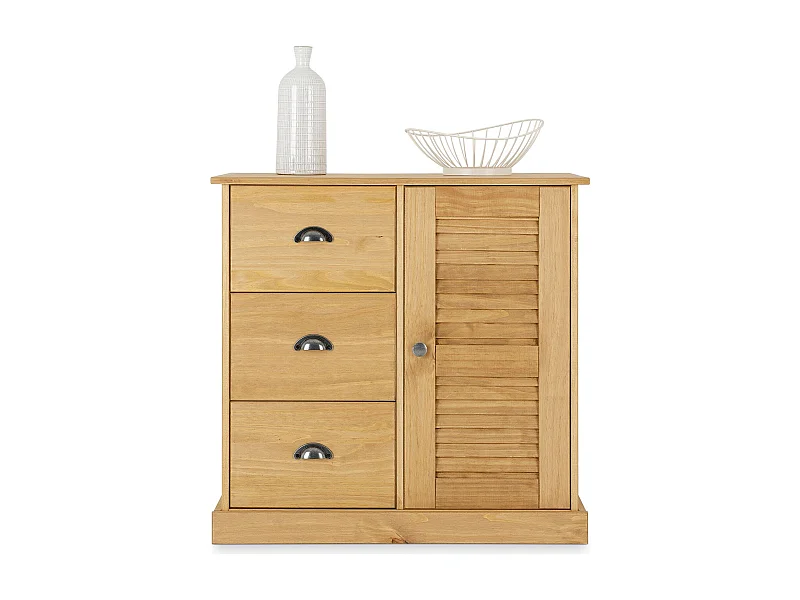 Buffet VENETA L 78 cm en bois massif coloris naturel avec 3 tiroirs et 1 porte, design élégant et intemporel