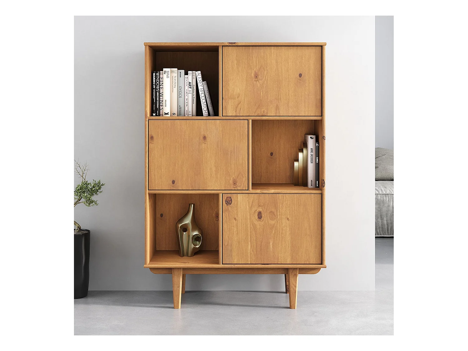 Buffet haut SIMONA 95x139 cm en bois massif coloris chêne avec 3 Portes et 3 Étagères, Vaisselier en hauteur