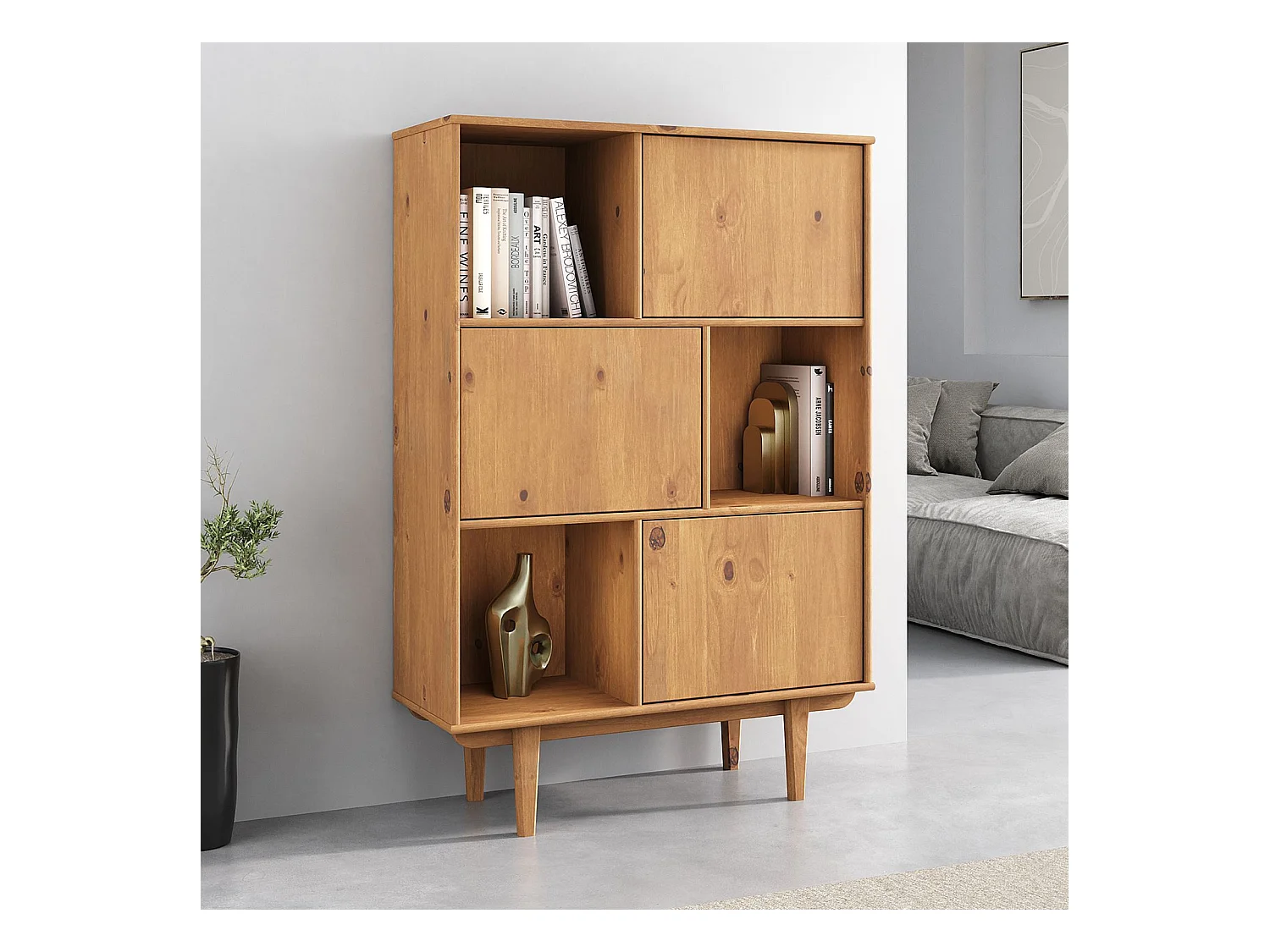 Buffet haut SIMONA 95x139 cm en bois massif coloris chêne avec 3 Portes et 3 Étagères, Vaisselier en hauteur
