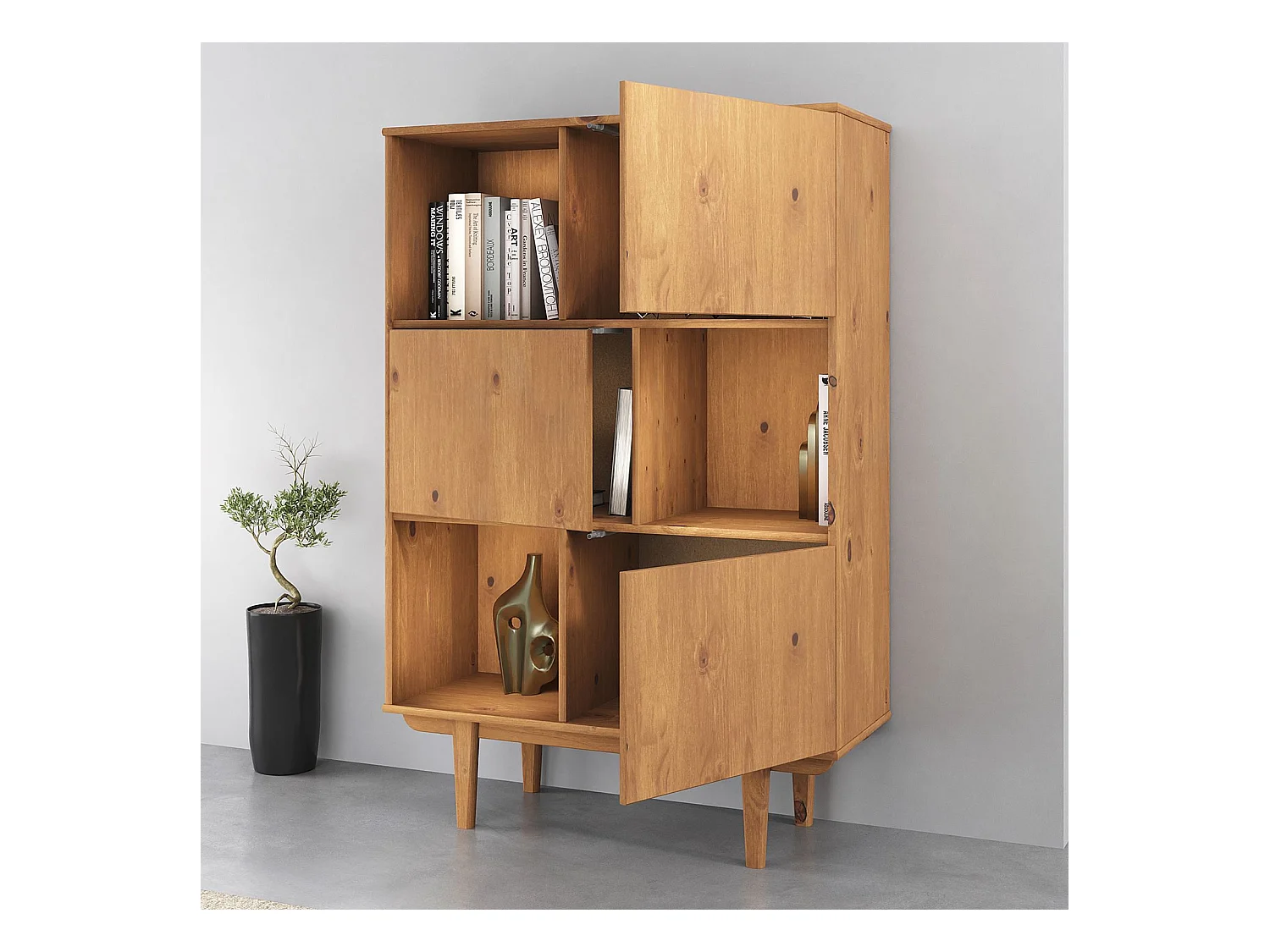 Buffet haut SIMONA 95x139 cm en bois massif coloris chêne avec 3 Portes et 3 Étagères, Vaisselier en hauteur