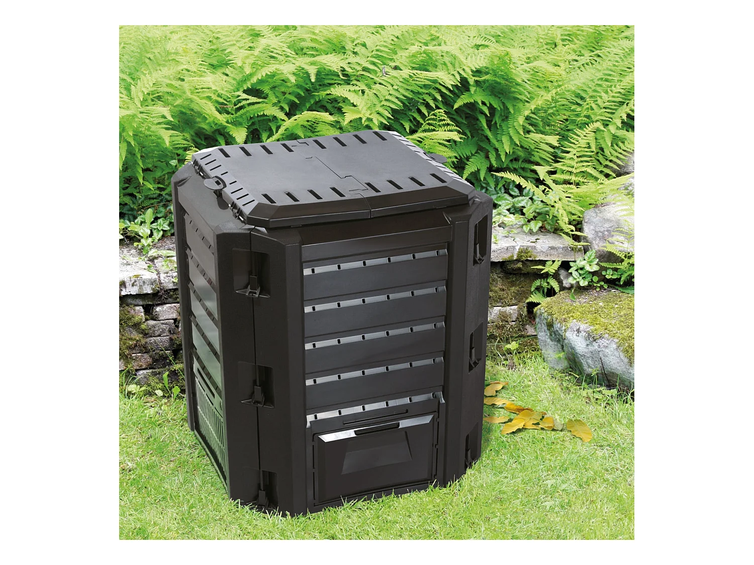 Composteur 380L Noir - Pratique, avec Trappe et Grand Couvercle