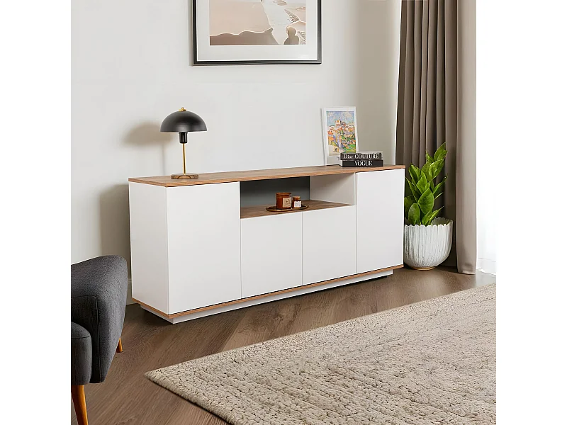 Elegante credenza, bianco e pino atlantico, 180 x 75 x 44,5 cm | Pannello truciolare rivestito in melamina al 100%, spessore 18 mm | Perfetta per spaz