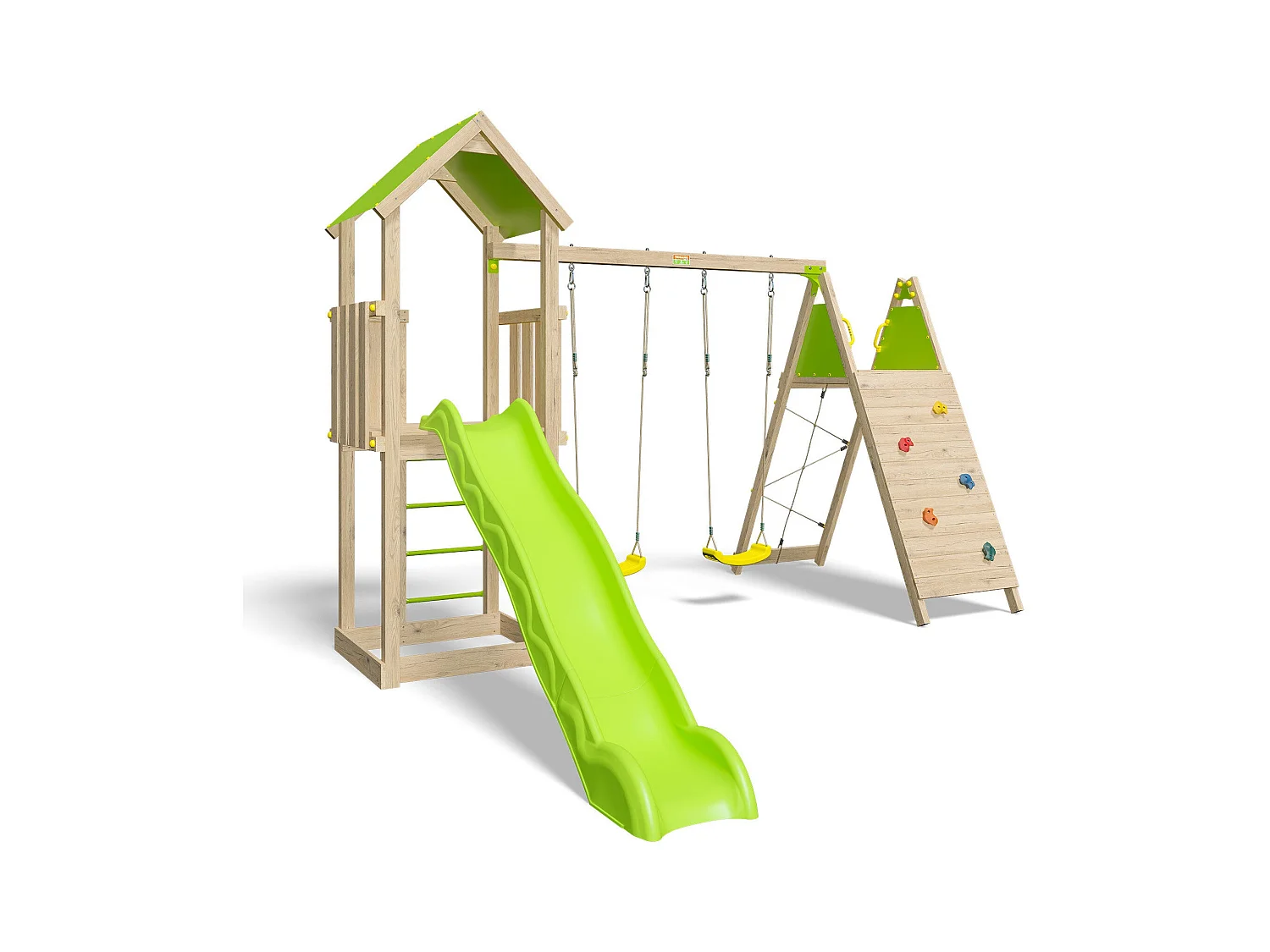 Grande aire de jeux en bois avec toboggan, balançoires et mur d’escalade – 9 enfants