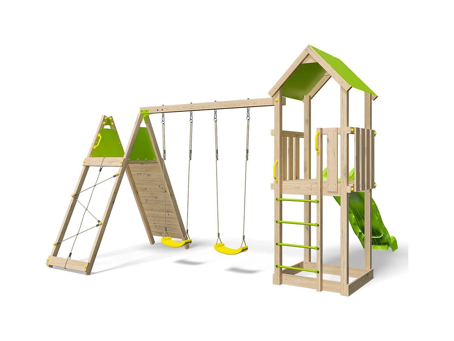 Grande aire de jeux en bois avec toboggan, balançoires et mur d’escalade – 9 enfants