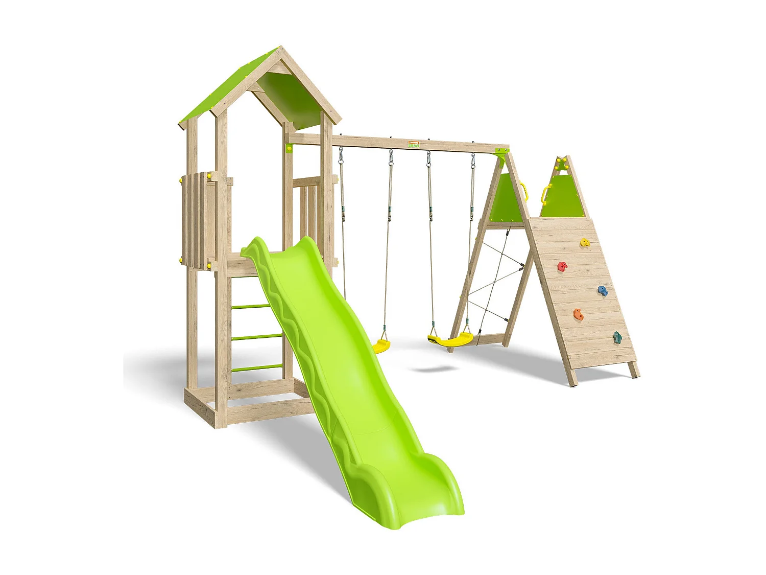 Grande aire de jeux en bois avec toboggan, balançoires et mur d’escalade – 9 enfants