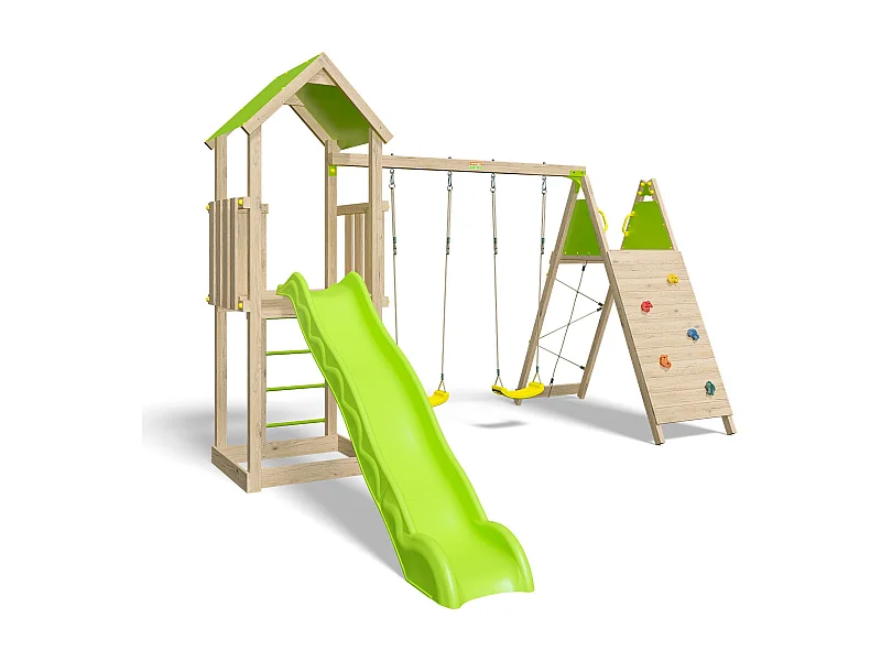 Grande aire de jeux en bois avec toboggan, balançoires et mur d’escalade – 9 enfants