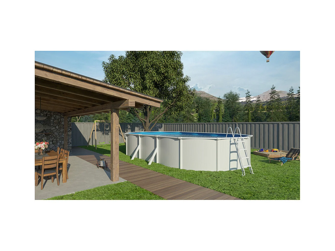 Bovengrondse zwembad SAPHIR 7,60 x 3,90 m – Rechthoekig – 26 m³ – Gegolfd en voorbehandeld gegalvaniseerd staal