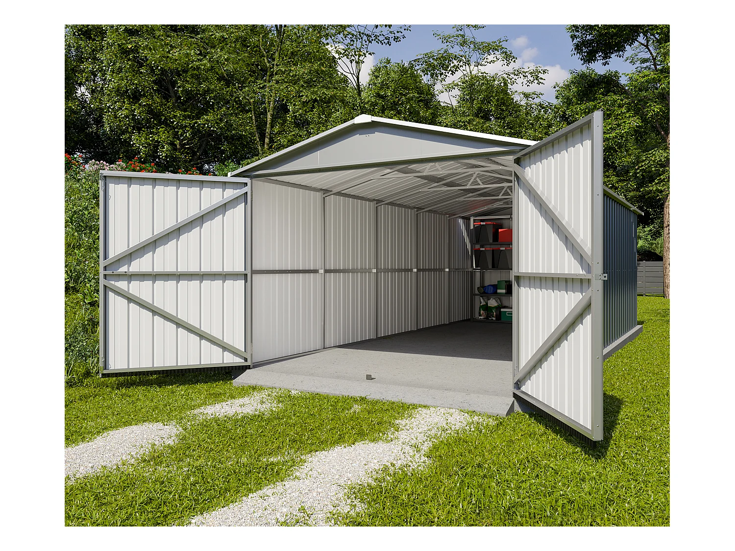 Garage en métal 19,07 m² - Double porte 257 cm - Toit translucide - Anthracite et aluminium - Acier galvanisé - Sans entretien