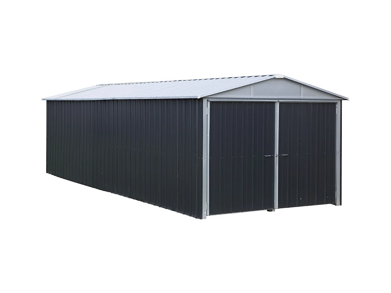 Metalen garage 22,63 m² – Dubbele deur 257 cm – Transparant dak – Antraciet en aluminium – Verzinkt staal – 15 jaar garantie