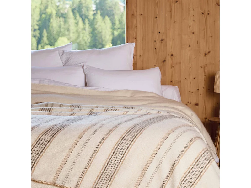 Plaid laine mélangée et mohair 120x180 cm BAYONNE bayadère beige naturel/caramel