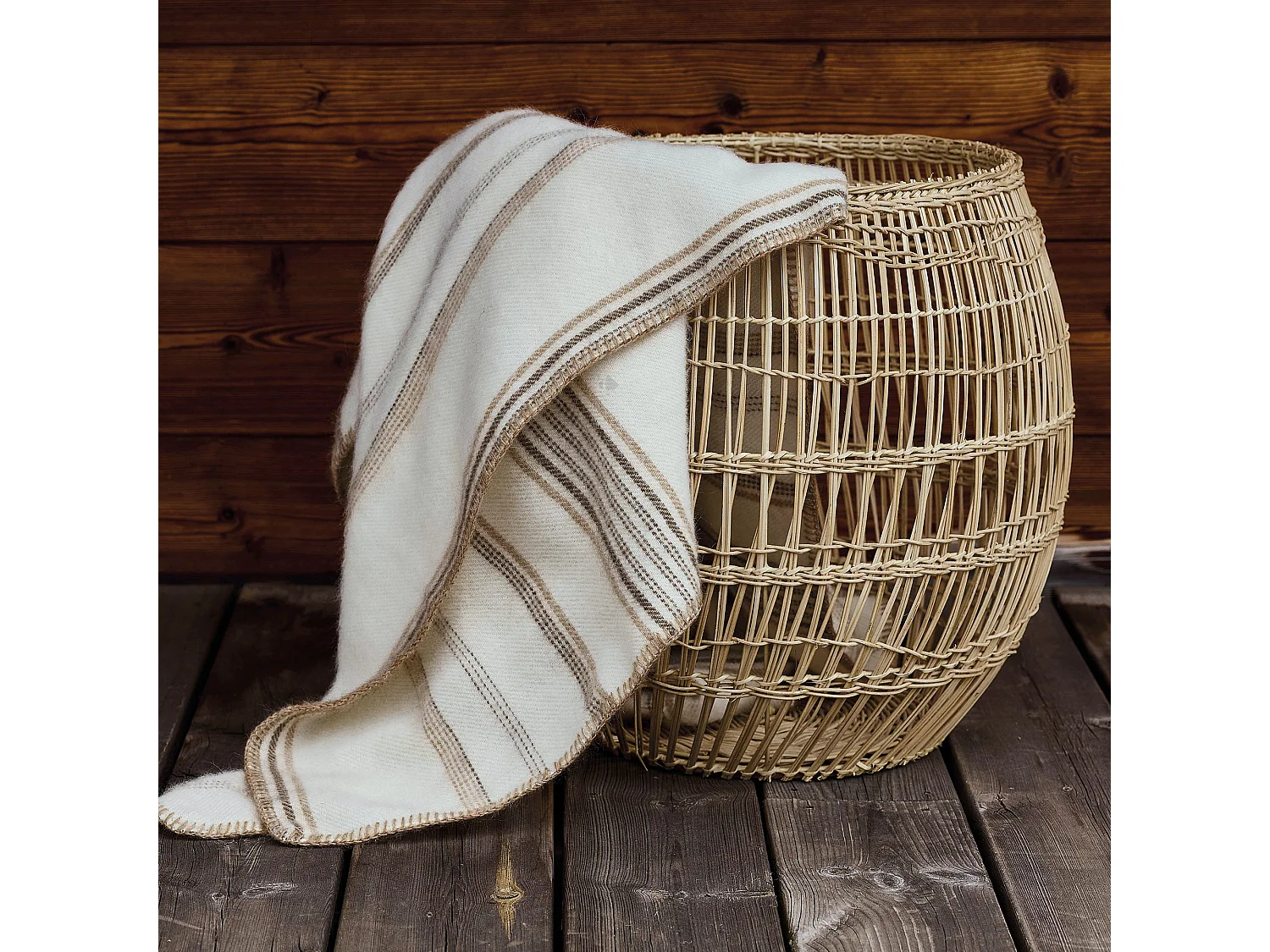 Plaid laine mélangée et mohair 120x180 cm BAYONNE bayadère beige naturel/caramel