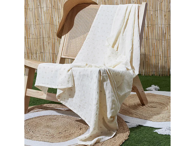 Plaid 120x150 cm LUCIE gaze de coton motif feuilles blanc