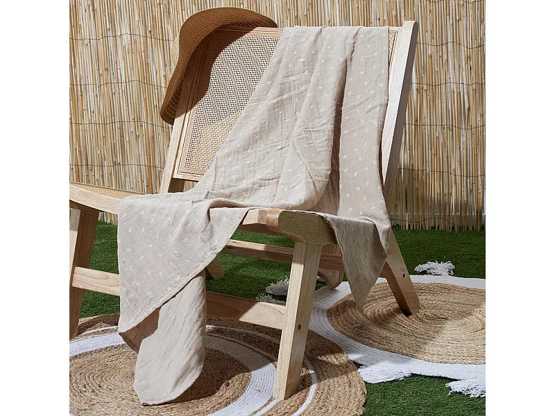 Plaid 120x150 cm LUCIE gaze de coton motif feuilles beige