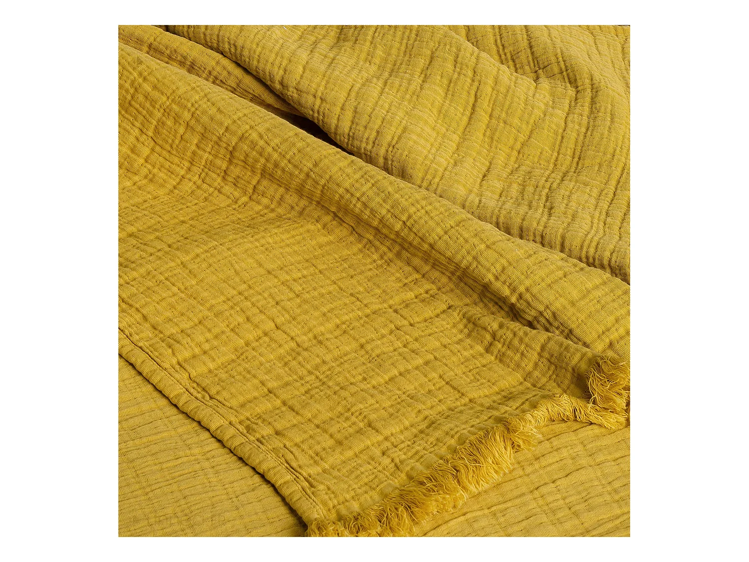 Plaid avec franges 125x180 cm BREHAT 100% gaze de coton jaune miel