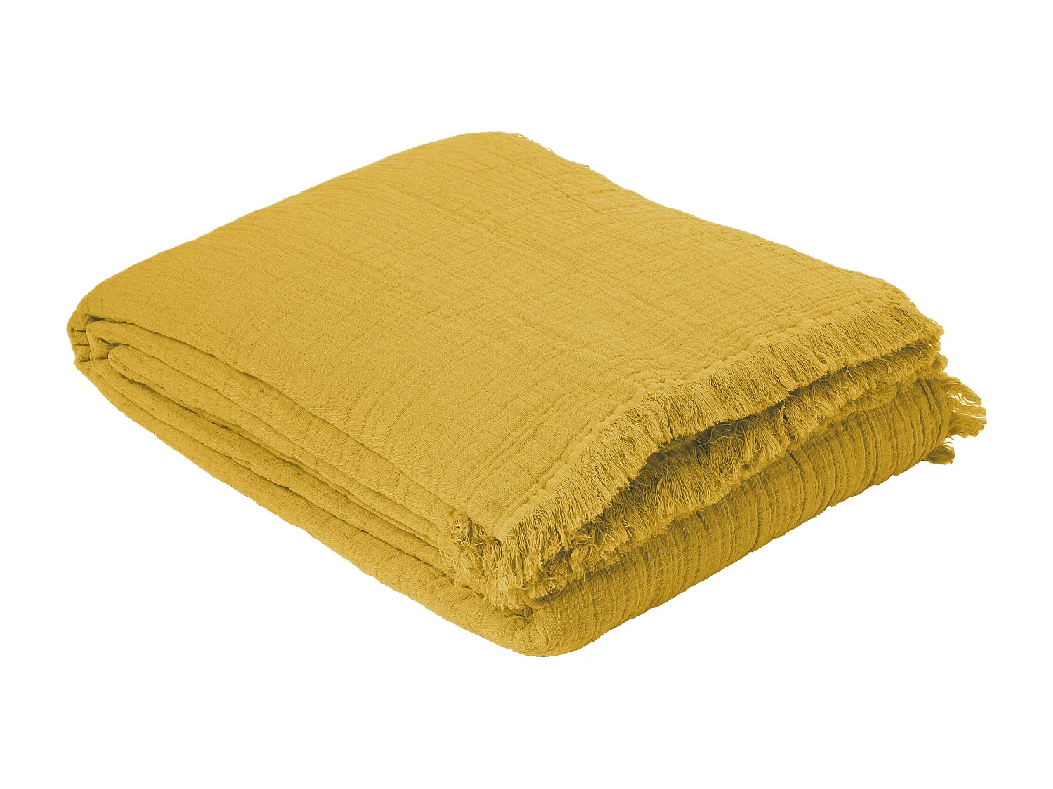 Plaid avec franges 125x180 cm BREHAT 100% gaze de coton jaune miel