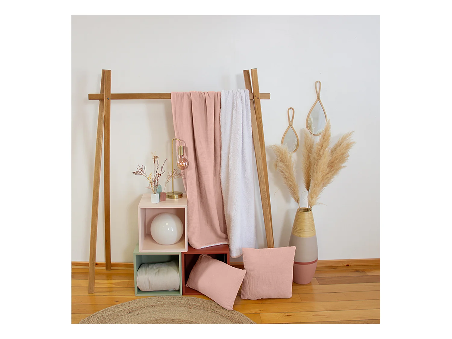 Plaid 130x170 cm double gaze de coton GAZE & SHERPA rose pêche